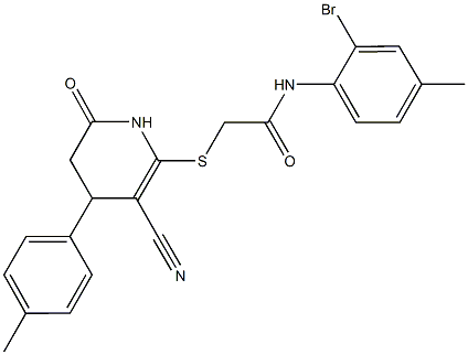 N-(2-bromo-4-methylphenyl)-2-{[3-cyano-4-(4-methylphenyl)-6-oxo-1,4,5,6-tetrahydro-2-pyridinyl]sulfanyl}acetamide Struktur