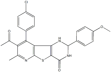 8-acetyl-9-(4-chlorophenyl)-2-(4-methoxyphenyl)-7-methyl-2,3-dihydropyrido[3',2':4,5]thieno[3,2-d]pyrimidin-4(1H)-one Struktur