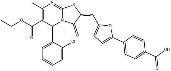 4-{5-[(5-(2-chlorophenyl)-6-(ethoxycarbonyl)-7-methyl-3-oxo-5H-[1,3]thiazolo[3,2-a]pyrimidin-2(3H)-ylidene)methyl]-2-furyl}benzoicacid Struktur