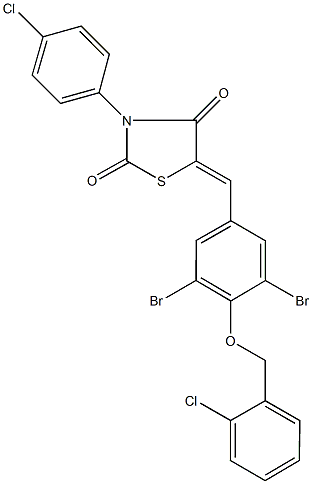 3-(4-chlorophenyl)-5-{3,5-dibromo-4-[(2-chlorobenzyl)oxy]benzylidene}-1,3-thiazolidine-2,4-dione Struktur