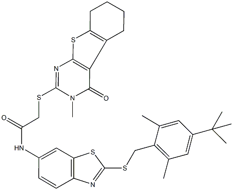 N-{2-[(4-tert-butyl-2,6-dimethylbenzyl)sulfanyl]-1,3-benzothiazol-6-yl}-2-[(3-methyl-4-oxo-3,4,5,6,7,8-hexahydro[1]benzothieno[2,3-d]pyrimidin-2-yl)sulfanyl]acetamide Struktur