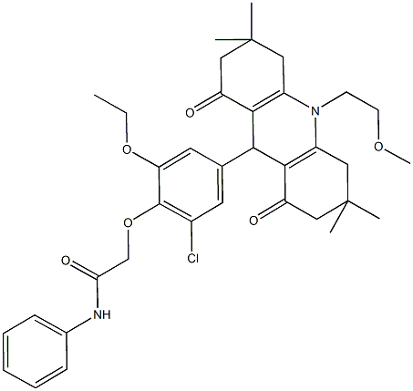 2-{2-chloro-6-ethoxy-4-[10-(2-methoxyethyl)-3,3,6,6-tetramethyl-1,8-dioxo-1,2,3,4,5,6,7,8,9,10-decahydro-9-acridinyl]phenoxy}-N-phenylacetamide Struktur