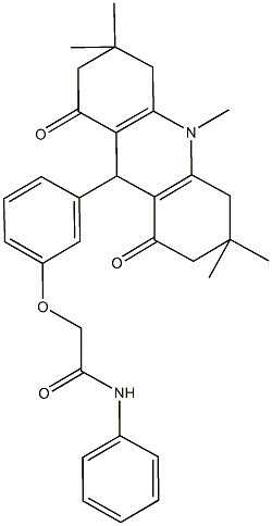 2-[3-(3,3,6,6,10-pentamethyl-1,8-dioxo-1,2,3,4,5,6,7,8,9,10-decahydro-9-acridinyl)phenoxy]-N-phenylacetamide Struktur