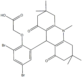 [2,4-dibromo-6-(3,3,6,6,10-pentamethyl-1,8-dioxo-1,2,3,4,5,6,7,8,9,10-decahydro-9-acridinyl)phenoxy]aceticacid Struktur