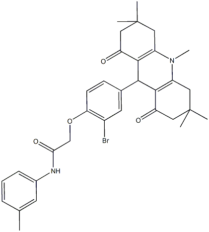 2-[2-bromo-4-(3,3,6,6,10-pentamethyl-1,8-dioxo-1,2,3,4,5,6,7,8,9,10-decahydro-9-acridinyl)phenoxy]-N-(3-methylphenyl)acetamide Struktur