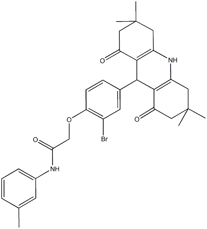 2-[2-bromo-4-(3,3,6,6-tetramethyl-1,8-dioxo-1,2,3,4,5,6,7,8,9,10-decahydro-9-acridinyl)phenoxy]-N-(3-methylphenyl)acetamide Struktur