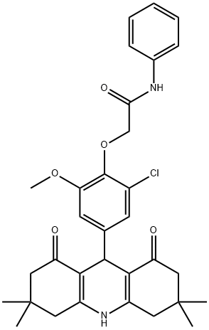 2-[2-chloro-6-methoxy-4-(3,3,6,6-tetramethyl-1,8-dioxo-1,2,3,4,5,6,7,8,9,10-decahydro-9-acridinyl)phenoxy]-N-phenylacetamide Struktur