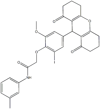 2-[4-(1,8-dioxo-2,3,4,5,6,7,8,9-octahydro-1H-xanthen-9-yl)-2-iodo-6-methoxyphenoxy]-N-(3-methylphenyl)acetamide Struktur