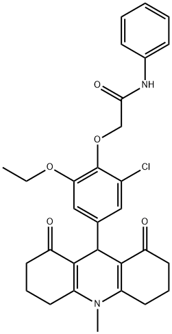 2-[2-chloro-6-ethoxy-4-(10-methyl-1,8-dioxo-1,2,3,4,5,6,7,8,9,10-decahydro-9-acridinyl)phenoxy]-N-phenylacetamide Struktur