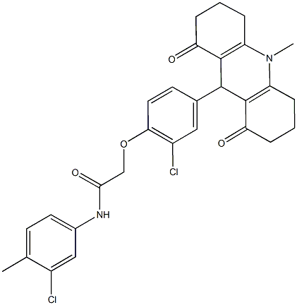 2-[2-chloro-4-(10-methyl-1,8-dioxo-1,2,3,4,5,6,7,8,9,10-decahydro-9-acridinyl)phenoxy]-N-(3-chloro-4-methylphenyl)acetamide Struktur