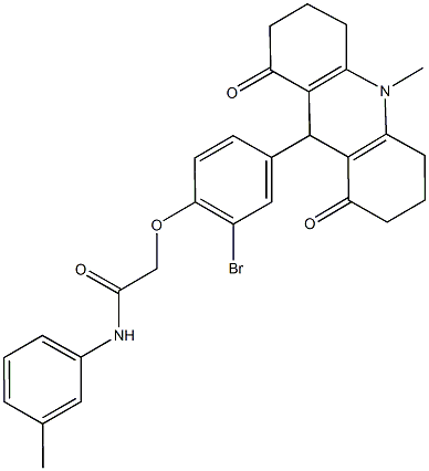 2-[2-bromo-4-(10-methyl-1,8-dioxo-1,2,3,4,5,6,7,8,9,10-decahydro-9-acridinyl)phenoxy]-N-(3-methylphenyl)acetamide Struktur