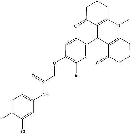 2-[2-bromo-4-(10-methyl-1,8-dioxo-1,2,3,4,5,6,7,8,9,10-decahydro-9-acridinyl)phenoxy]-N-(3-chloro-4-methylphenyl)acetamide Struktur