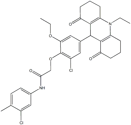 2-[2-chloro-6-ethoxy-4-(10-ethyl-1,8-dioxo-1,2,3,4,5,6,7,8,9,10-decahydro-9-acridinyl)phenoxy]-N-(3-chloro-4-methylphenyl)acetamide Struktur