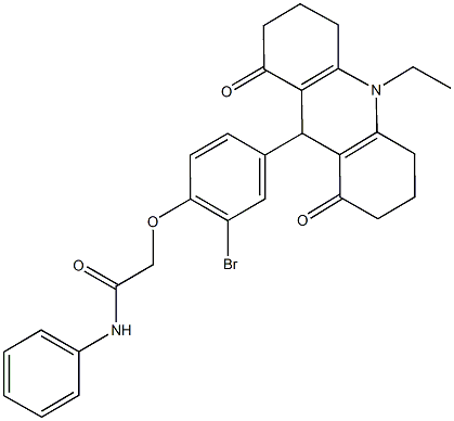 2-[2-bromo-4-(10-ethyl-1,8-dioxo-1,2,3,4,5,6,7,8,9,10-decahydro-9-acridinyl)phenoxy]-N-phenylacetamide Struktur