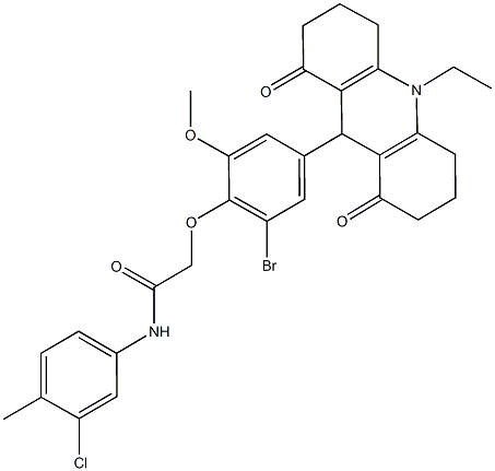 2-[2-bromo-4-(10-ethyl-1,8-dioxo-1,2,3,4,5,6,7,8,9,10-decahydro-9-acridinyl)-6-methoxyphenoxy]-N-(3-chloro-4-methylphenyl)acetamide Struktur