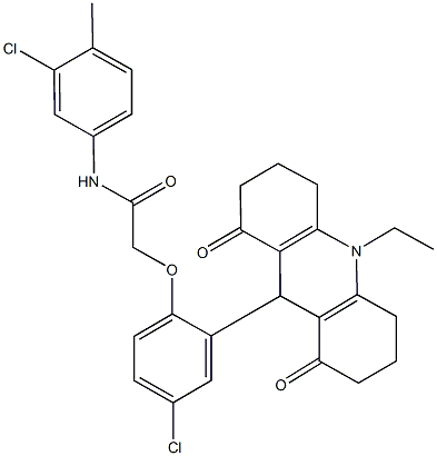 2-[4-chloro-2-(10-ethyl-1,8-dioxo-1,2,3,4,5,6,7,8,9,10-decahydro-9-acridinyl)phenoxy]-N-(3-chloro-4-methylphenyl)acetamide Struktur