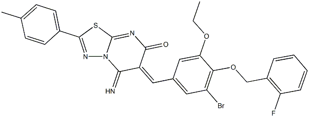 6-{3-bromo-5-ethoxy-4-[(2-fluorobenzyl)oxy]benzylidene}-5-imino-2-(4-methylphenyl)-5,6-dihydro-7H-[1,3,4]thiadiazolo[3,2-a]pyrimidin-7-one Struktur