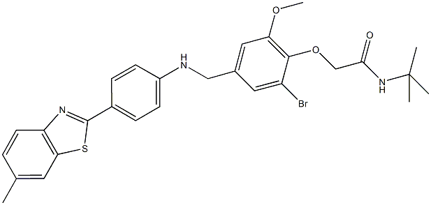 2-(2-bromo-6-methoxy-4-{[4-(6-methyl-1,3-benzothiazol-2-yl)anilino]methyl}phenoxy)-N-(tert-butyl)acetamide Struktur