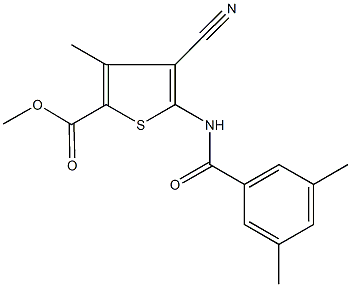 methyl 4-cyano-5-[(3,5-dimethylbenzoyl)amino]-3-methyl-2-thiophenecarboxylate Struktur