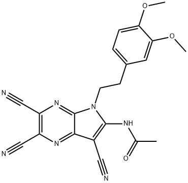 N-{2,3,7-tricyano-5-[2-(3,4-dimethoxyphenyl)ethyl]-5H-pyrrolo[2,3-b]pyrazin-6-yl}acetamide Struktur