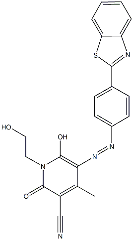 5-{[4-(1,3-benzothiazol-2-yl)phenyl]diazenyl}-6-hydroxy-1-(2-hydroxyethyl)-4-methyl-2-oxo-1,2-dihydro-3-pyridinecarbonitrile Struktur