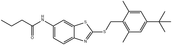 N-{2-[(4-tert-butyl-2,6-dimethylbenzyl)sulfanyl]-1,3-benzothiazol-6-yl}butanamide Struktur