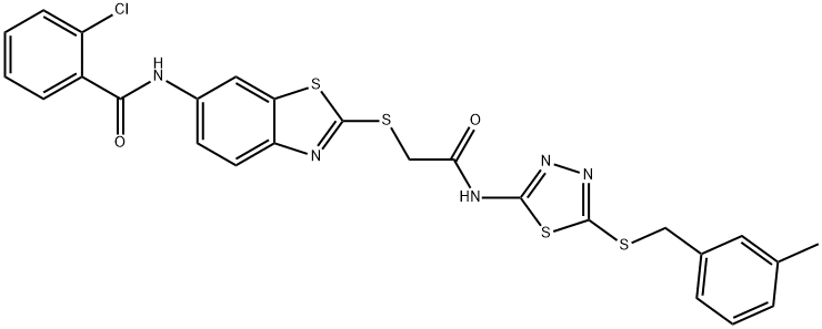 2-chloro-N-(2-{[2-({5-[(3-methylbenzyl)sulfanyl]-1,3,4-thiadiazol-2-yl}amino)-2-oxoethyl]sulfanyl}-1,3-benzothiazol-6-yl)benzamide Struktur