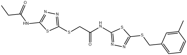 N-(5-{[2-({5-[(3-methylbenzyl)sulfanyl]-1,3,4-thiadiazol-2-yl}amino)-2-oxoethyl]sulfanyl}-1,3,4-thiadiazol-2-yl)propanamide Struktur