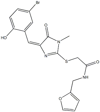 2-{[4-(5-bromo-2-hydroxybenzylidene)-1-methyl-5-oxo-4,5-dihydro-1H-imidazol-2-yl]sulfanyl}-N-(2-furylmethyl)acetamide Struktur