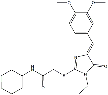 N-cyclohexyl-2-{[4-(3,4-dimethoxybenzylidene)-1-ethyl-5-oxo-4,5-dihydro-1H-imidazol-2-yl]sulfanyl}acetamide Struktur