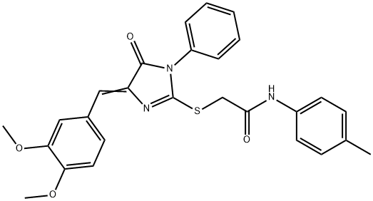 2-{[4-(3,4-dimethoxybenzylidene)-5-oxo-1-phenyl-4,5-dihydro-1H-imidazol-2-yl]sulfanyl}-N-(4-methylphenyl)acetamide Struktur