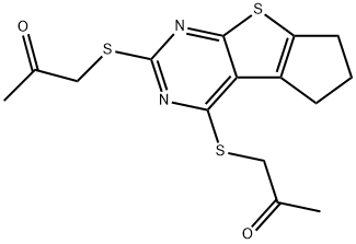 1-({2-[(2-oxopropyl)sulfanyl]-6,7-dihydro-5H-cyclopenta[4,5]thieno[2,3-d]pyrimidin-4-yl}sulfanyl)acetone Struktur