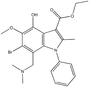 ethyl 6-bromo-7-[(dimethylamino)methyl]-4-hydroxy-5-methoxy-2-methyl-1-phenyl-1H-indole-3-carboxylate Struktur