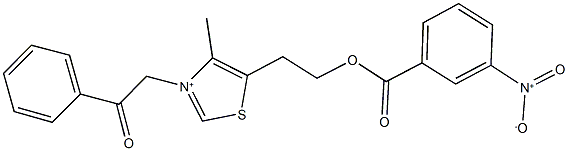 4-methyl-5-{2-[(3-nitrobenzoyl)oxy]ethyl}-3-(2-oxo-2-phenylethyl)-1,3-thiazol-3-ium Struktur