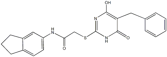 2-[(5-benzyl-4-hydroxy-6-oxo-1,6-dihydro-2-pyrimidinyl)sulfanyl]-N-(2,3-dihydro-1H-inden-5-yl)acetamide Struktur