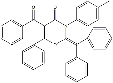 5-benzoyl-2-(diphenylmethylene)-3-(4-methylphenyl)-6-phenyl-2,3-dihydro-4H-1,3-oxazin-4-one Struktur