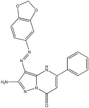 2-amino-3-(1,3-benzodioxol-5-yldiazenyl)-5-phenylpyrazolo[1,5-a]pyrimidin-7(4H)-one Struktur