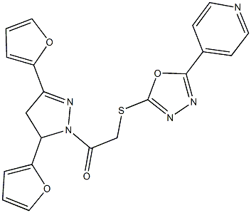 2-[3,5-di(2-furyl)-4,5-dihydro-1H-pyrazol-1-yl]-2-oxoethyl 5-(4-pyridinyl)-1,3,4-oxadiazol-2-yl sulfide Struktur