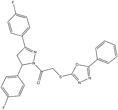 2-[3,5-bis(4-fluorophenyl)-4,5-dihydro-1H-pyrazol-1-yl]-2-oxoethyl 5-phenyl-1,3,4-oxadiazol-2-yl sulfide Struktur