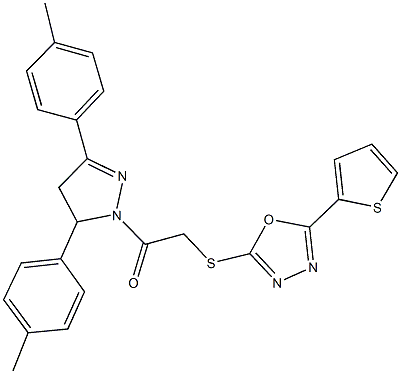 2-[3,5-bis(4-methylphenyl)-4,5-dihydro-1H-pyrazol-1-yl]-2-oxoethyl 5-(2-thienyl)-1,3,4-oxadiazol-2-yl sulfide Struktur