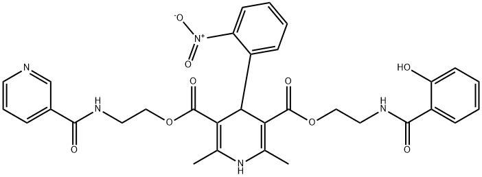 3-{2-[(2-hydroxybenzoyl)amino]ethyl} 5-{2-[(3-pyridinylcarbonyl)amino]ethyl} 4-{2-nitrophenyl}-2,6-dimethyl-1,4-dihydro-3,5-pyridinedicarboxylate Struktur