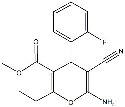 methyl 6-amino-5-cyano-2-ethyl-4-(2-fluorophenyl)-4H-pyran-3-carboxylate Struktur