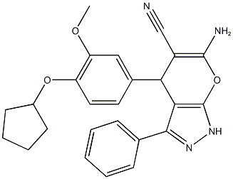 6-amino-4-[4-(cyclopentyloxy)-3-methoxyphenyl]-3-phenyl-1,4-dihydropyrano[2,3-c]pyrazole-5-carbonitrile Struktur