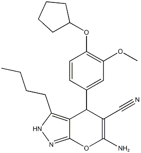 6-amino-3-butyl-4-[4-(cyclopentyloxy)-3-methoxyphenyl]-2,4-dihydropyrano[2,3-c]pyrazole-5-carbonitrile Struktur