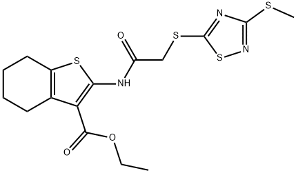 ethyl 2-[({[3-(methylsulfanyl)-1,2,4-thiadiazol-5-yl]sulfanyl}acetyl)amino]-4,5,6,7-tetrahydro-1-benzothiophene-3-carboxylate Struktur