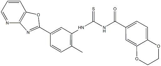 N-(2,3-dihydro-1,4-benzodioxin-6-ylcarbonyl)-N'-(2-methyl-5-[1,3]oxazolo[4,5-b]pyridin-2-ylphenyl)thiourea Struktur