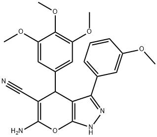 6-amino-3-(3-methoxyphenyl)-4-(3,4,5-trimethoxyphenyl)-2,4-dihydropyrano[2,3-c]pyrazole-5-carbonitrile Struktur