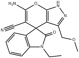 6-amino-3-(methoxymethyl)-2,4-dihydropyrano[2,3-c]pyrazole-5-carbonitrile-4-spiro-3'-(1'-ethyl-1',3'-dihydro-2'H-indol-2'-one) Struktur