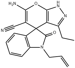 6-amino-3-ethyl-2,4-dihydropyrano[2,3-c]pyrazole-5-carbonitrile-4-spiro-3'-(1'-allyl-1',3'-dihydro-2'H-indol-2'-one) Struktur