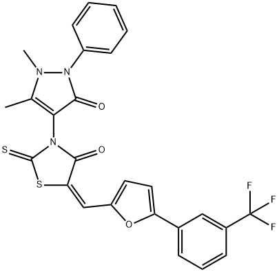 3-(1,5-dimethyl-3-oxo-2-phenyl-2,3-dihydro-1H-pyrazol-4-yl)-2-thioxo-5-({5-[3-(trifluoromethyl)phenyl]-2-furyl}methylene)-1,3-thiazolidin-4-one Struktur